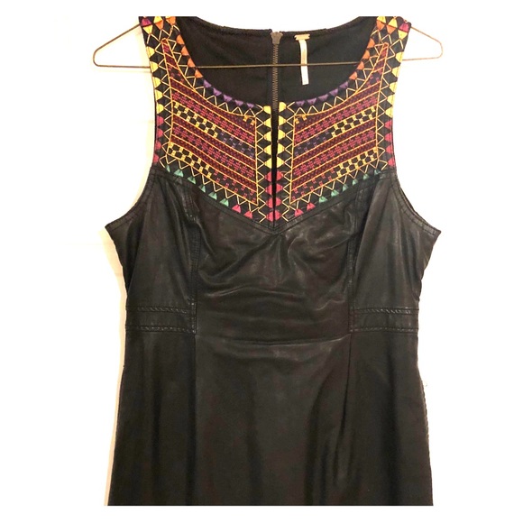 Leather Free People Dress w/ colorful stitch- sz 6 - Picture 1 of 4